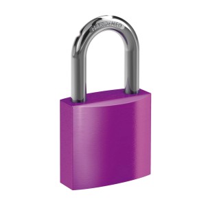 Lila Basi Vorhangschloss mit Stahlbügel und Aluminiumgehäuse, gravurfähig.