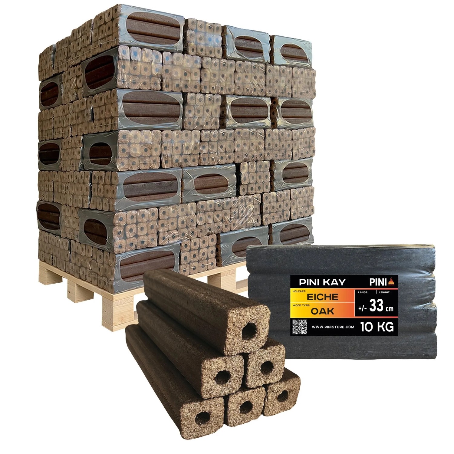 PINI Kay Eichenholzbriketts 33 cm 960 kg Palette Hartholzbriketts Brennholz Eiche Kamin Ofen
