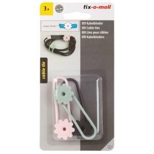 Fix-o-moll Kabelbinder Blume, 3er-Pack in Grün und Pink, zum Ordnen von Kabeln.