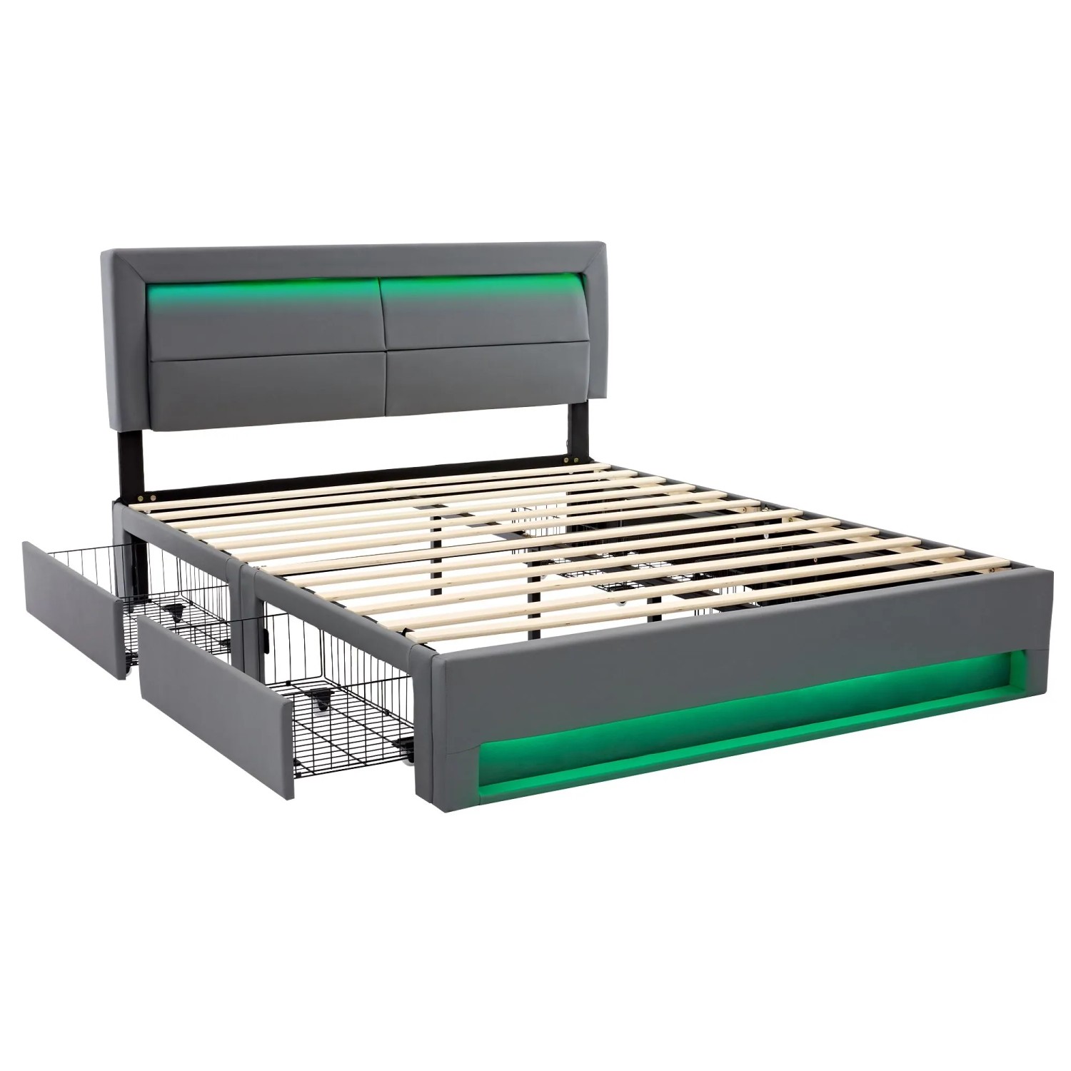 Merax Polsterbett 140x190 mit USB LED Vier Schubladen PU Grau