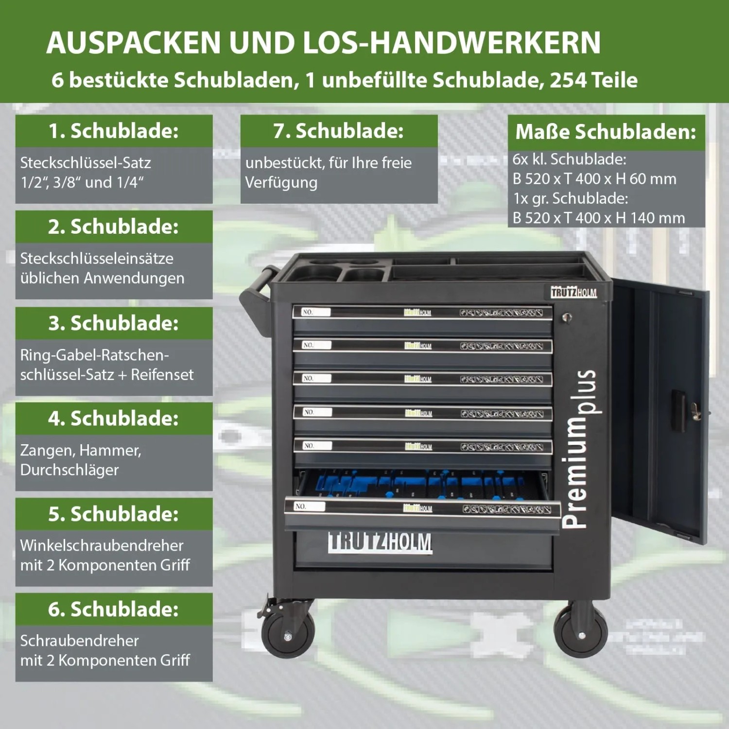 Anthrazitfarbener TRUTZHOLM Werkzeugwagen Premium XXL mit 7 Schubladen, gefüllt mit 254 Werkzeugen.