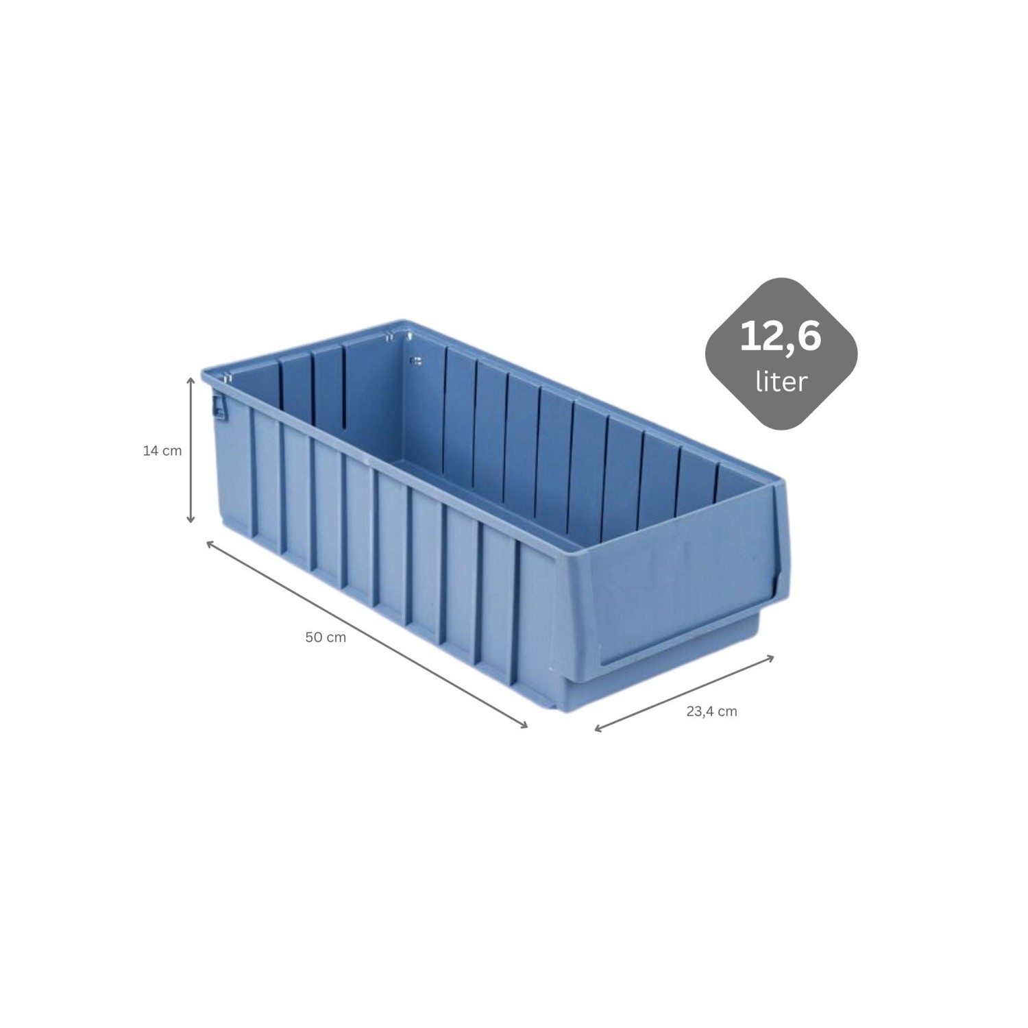Blauer Regalkasten 12,6 Liter mit Etikett und Schutzhaube, Maße 14x23,4x50 cm, für Aufbewahrungssysteme.