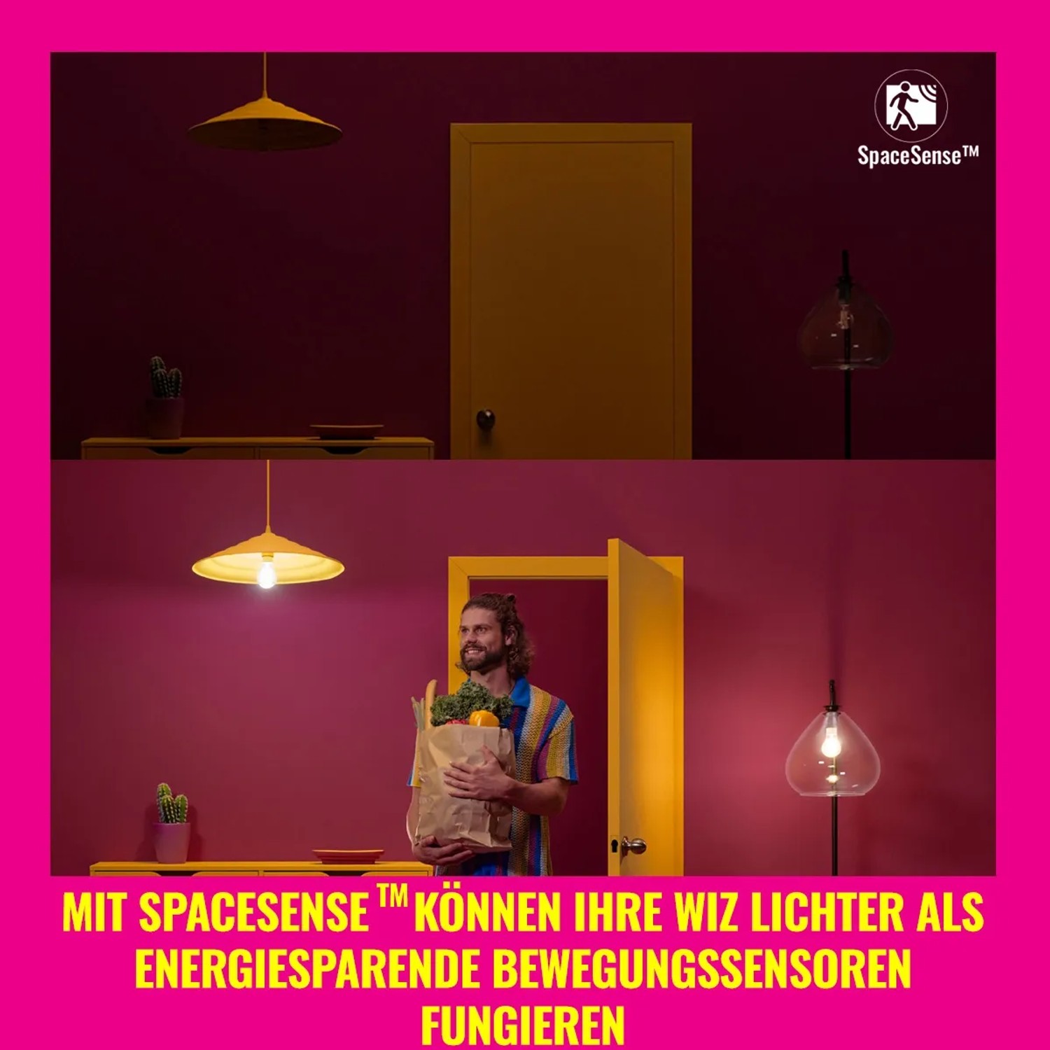 WiZ LED Lampe E27 mit SpaceSense Funktion als Bewegungssensor im Raum.