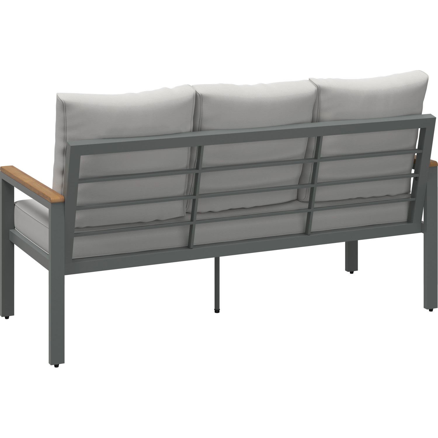 Rückansicht der 3-Sitzer Bank der Loungegruppe Moonbeam. Gartenmöbel mit anthrazitfarbenem Gestell und beigen Polstern.