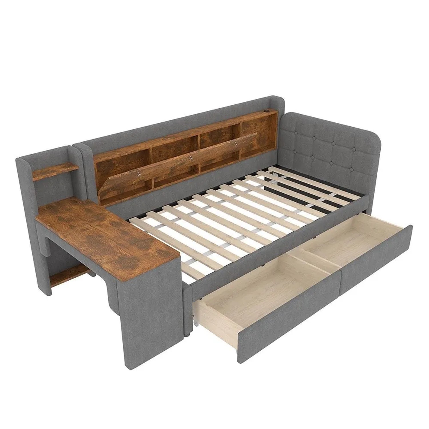 KOMHTOM 90 x 200 Cm Große  Wandelbare Chaiselongue Mit 2 Schubladen  Schreibtisch Und Ausklappbarem Staufach  Grau