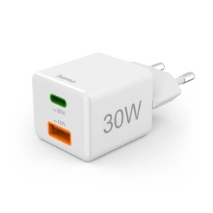 Weißes Hama 30W Schnellladegerät mit USB-C und USB-A Anschluss für Computer & Multimedia Zubehör.