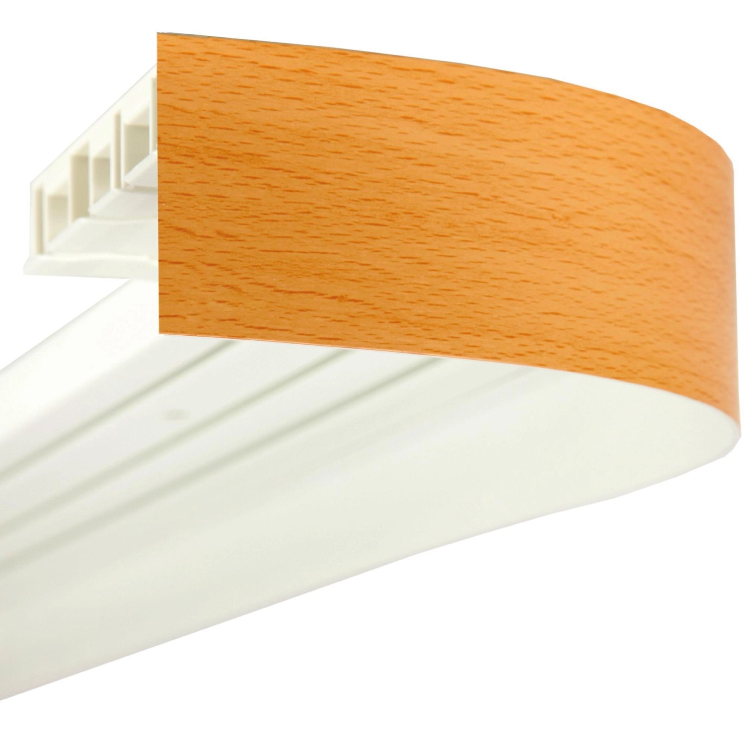 Bestlivings Gardinenschiene 450 cm mit Blende in Eiche Dekor. Stabile Vorhangschiene aus Kunststoff.