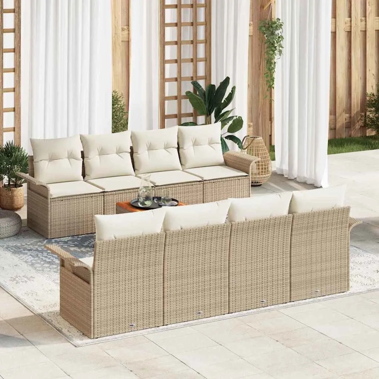 Beiges 9-teiliges vidaXL Garten-Sofa-Set aus Poly Rattan mit Tisch und Stauraum.