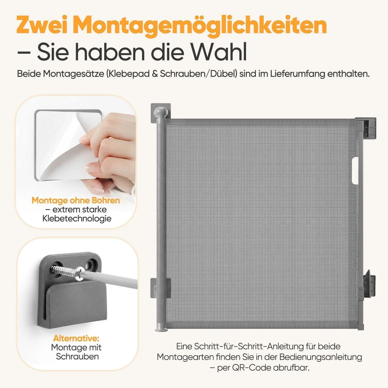 Graues Sekey Treppenschutzgitter mit Montageoptionen: Kleben ohne Bohren und Schrauben. Ausziehbar für Kinder & Hunde.