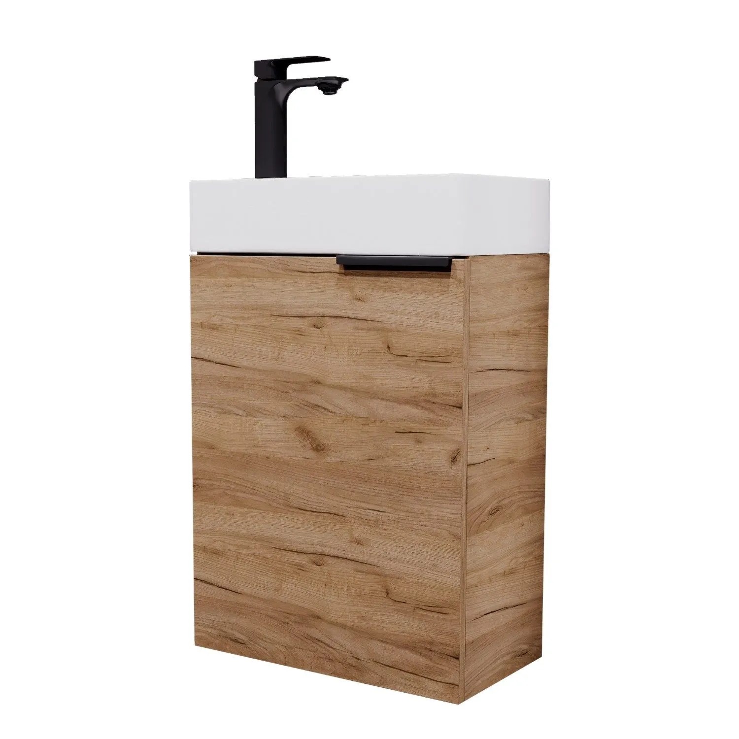 Planetmöbel Waschbeckenunterschrank 40 cm Gold Eiche mit Keramikwaschbecken Armatur Schwarz Soft Close