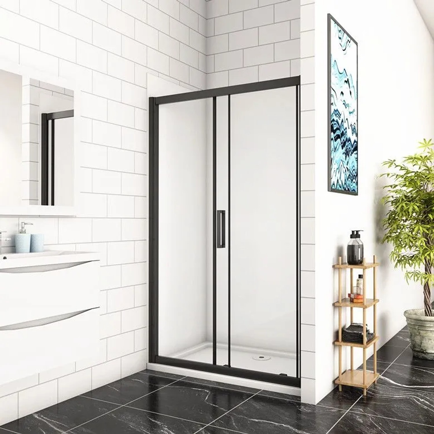 Schiebetür Dusche mit schwarzem Rahmen, 8mm ESG Glas, 120x195cm, Nischentür.