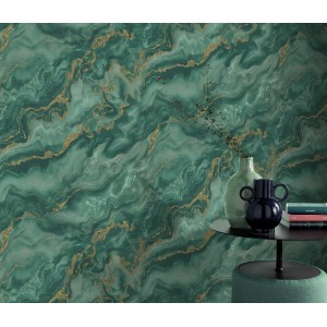 Erismann Vliestapete Elle Decoration 4 Mystic Spell Petrol mit Marmor- und Glitzereffekten.