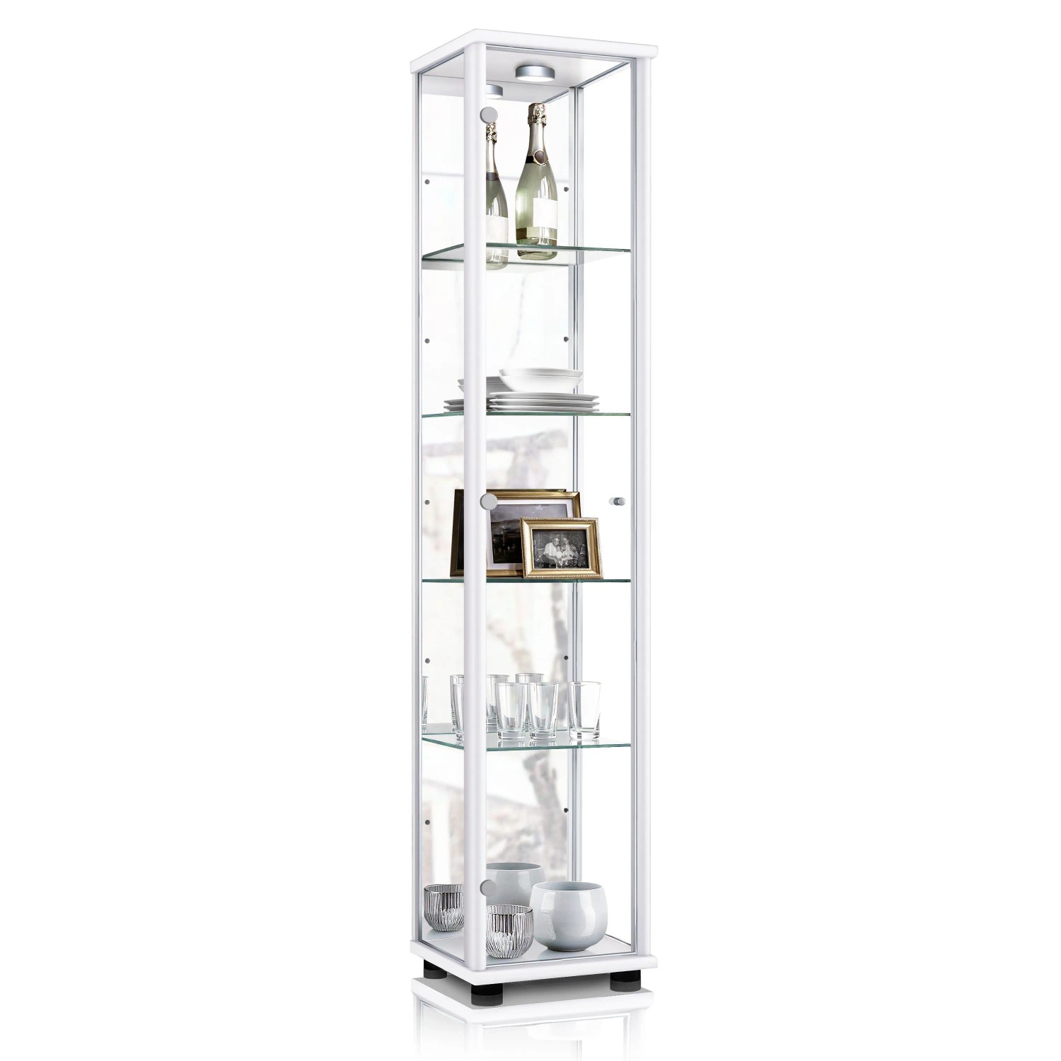 K-Möbel Glasvitrine Stehend 176x37x33 cm mit Spiegel LED & 4 Höhenverstellbaren Glasböden Weiss