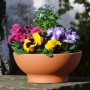 Terrakotta Pflanzschale Wave (Ø 26 cm) mit bunten Blumen bepflanzt.