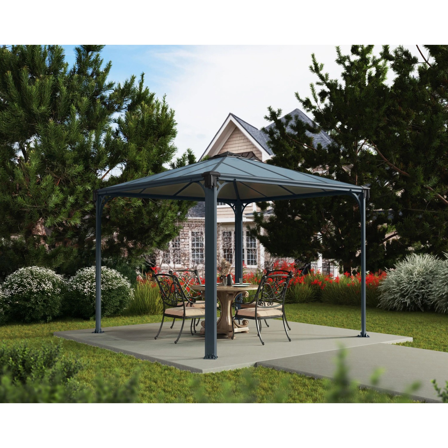Canopia Gartenpavillon Palermo 3x3 Anthrazit mit Tisch und Stühlen im Garten.