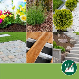 Anwendungsbeispiele für Moorland Unkrautvlies: Beet, Terrasse, Gartenwege. Unkraut verhindern.