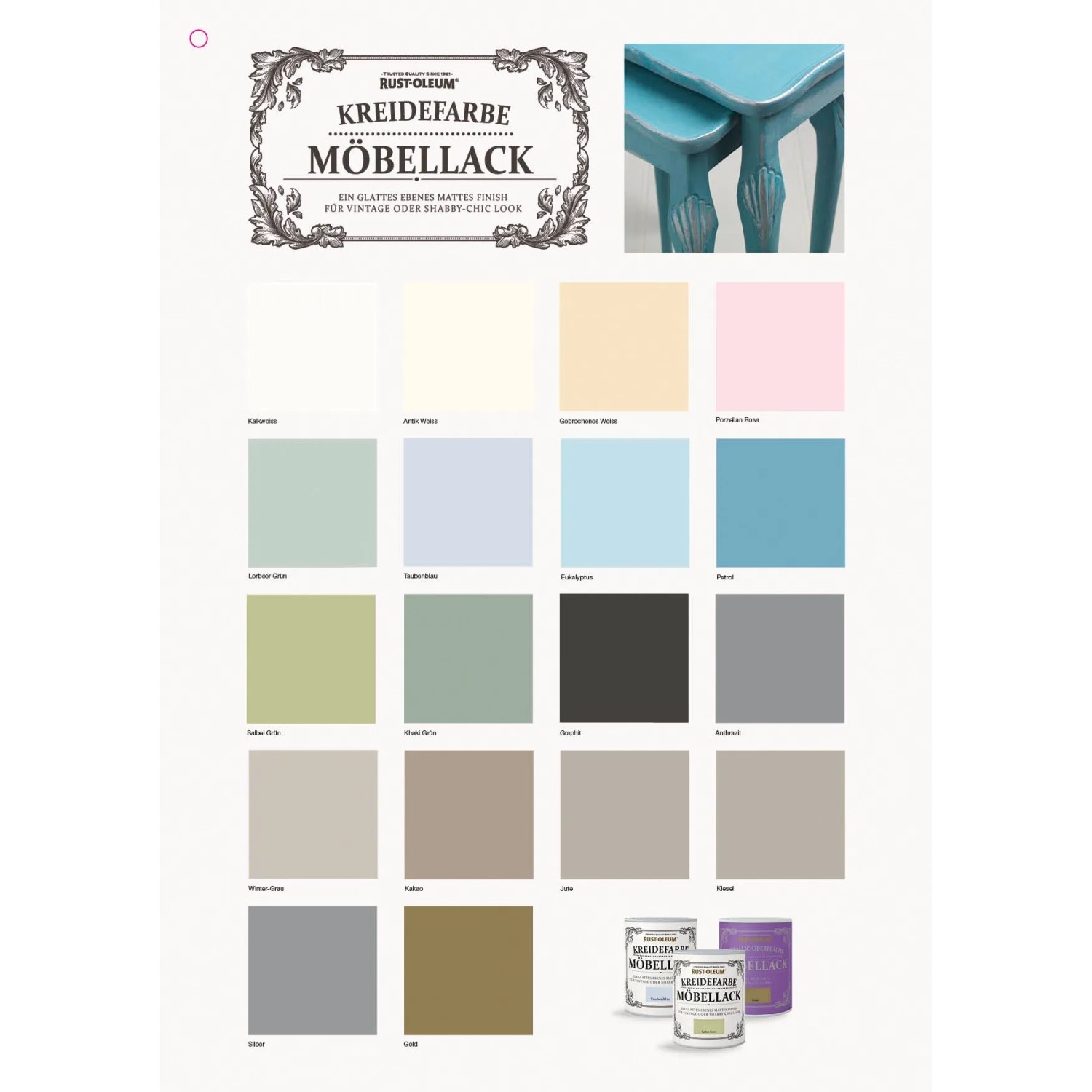 Farbmusterkarte Rust-Oleum Kreidefarbe Möbellack Lorbeergrün und weitere Farbtöne.