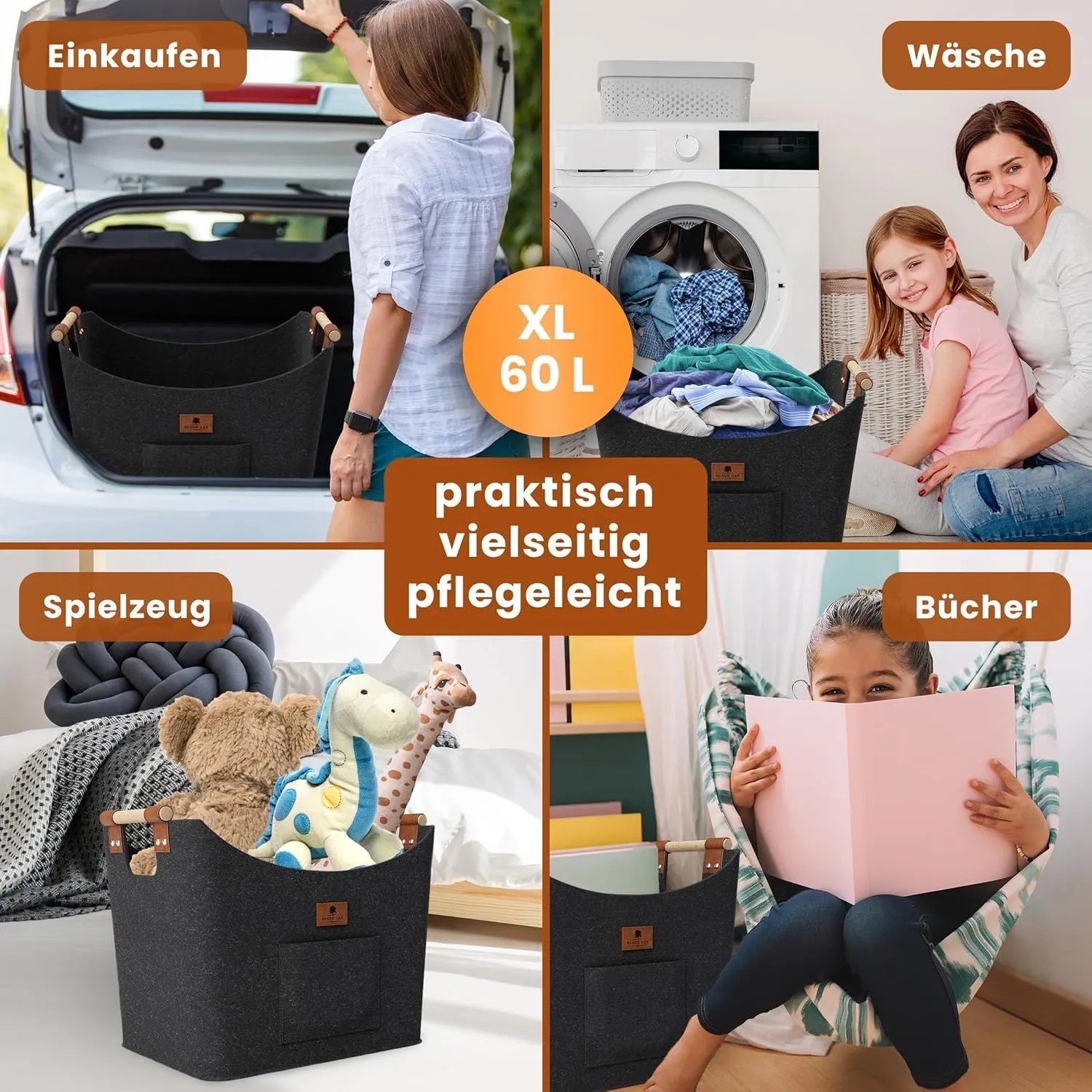 BLACK OAK Holzkorb MONTANA XL 60L Anthrazit aus Filz mit Echtleder Applikationen – Kaminholzkorb mit Griffen für Brennholz Innenbereich_8