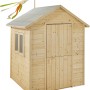 Soulet Kinderspielhaus Garance aus unbehandeltem Holz mit Fenster, Tür und Windsack.