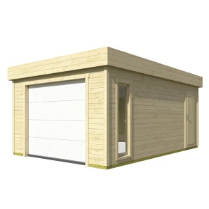 Lasita Garage Bahamas 2 mit Sektionaltor, 360x540 cm, unbehandeltes Holz, Fenster und Tür.