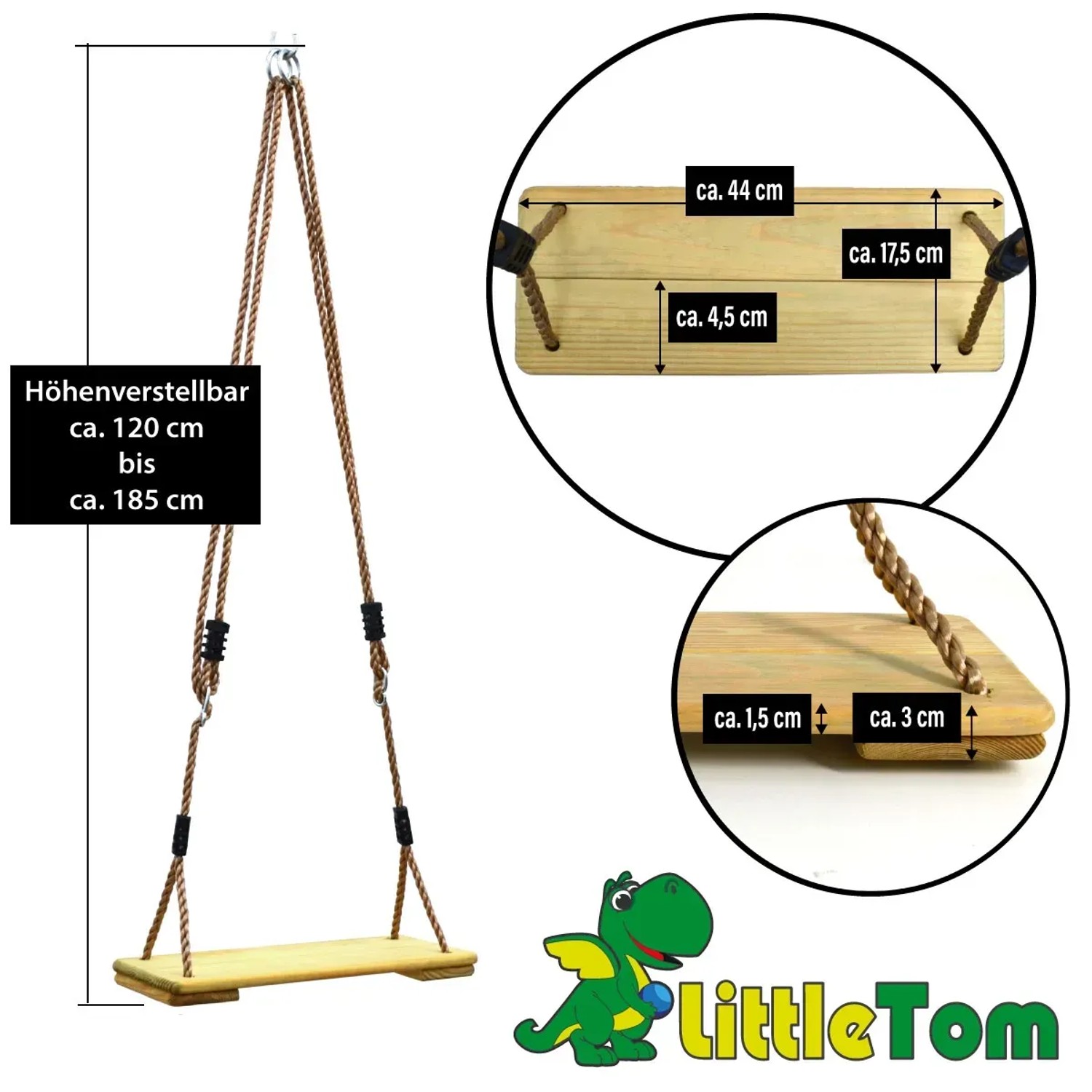 LittleTom Brettschaukel, braun, höhenverstellbar, bis 100 kg belastbar. Ideal für Rutschen & Schaukeln.