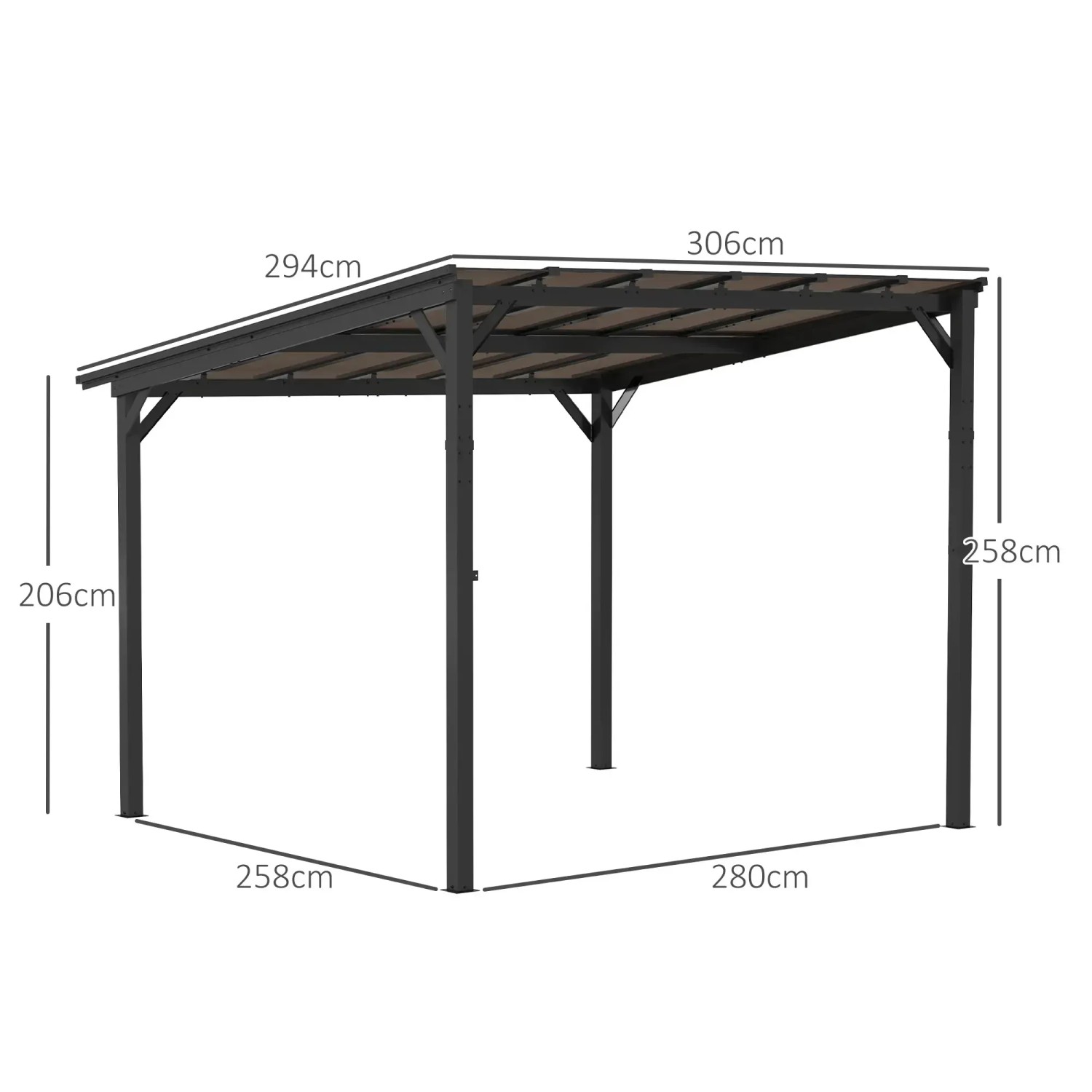 Dunkelgraue Outsunny Pergola mit Maßen. Ideal als wasserdichter & stabiler Pavillon für den Garten.