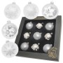 9 silberne Krebs Glas Lauscha Weihnachtskugeln (8cm) mit Schneeflocken im Set.