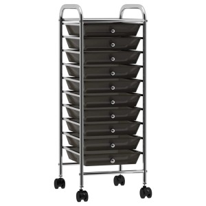 Schwarzer Rollcontainer mit 10 Schubladen aus Kunststoff und Chromgestell von vidaXL.