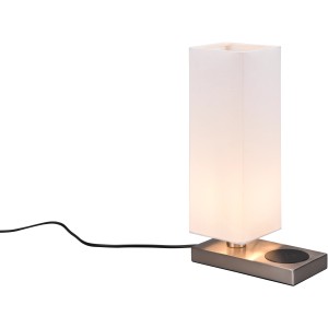 Moderne Tischleuchte Haley in Nickel Matt mit weißem Stoffschirm und induktiver Ladestation.