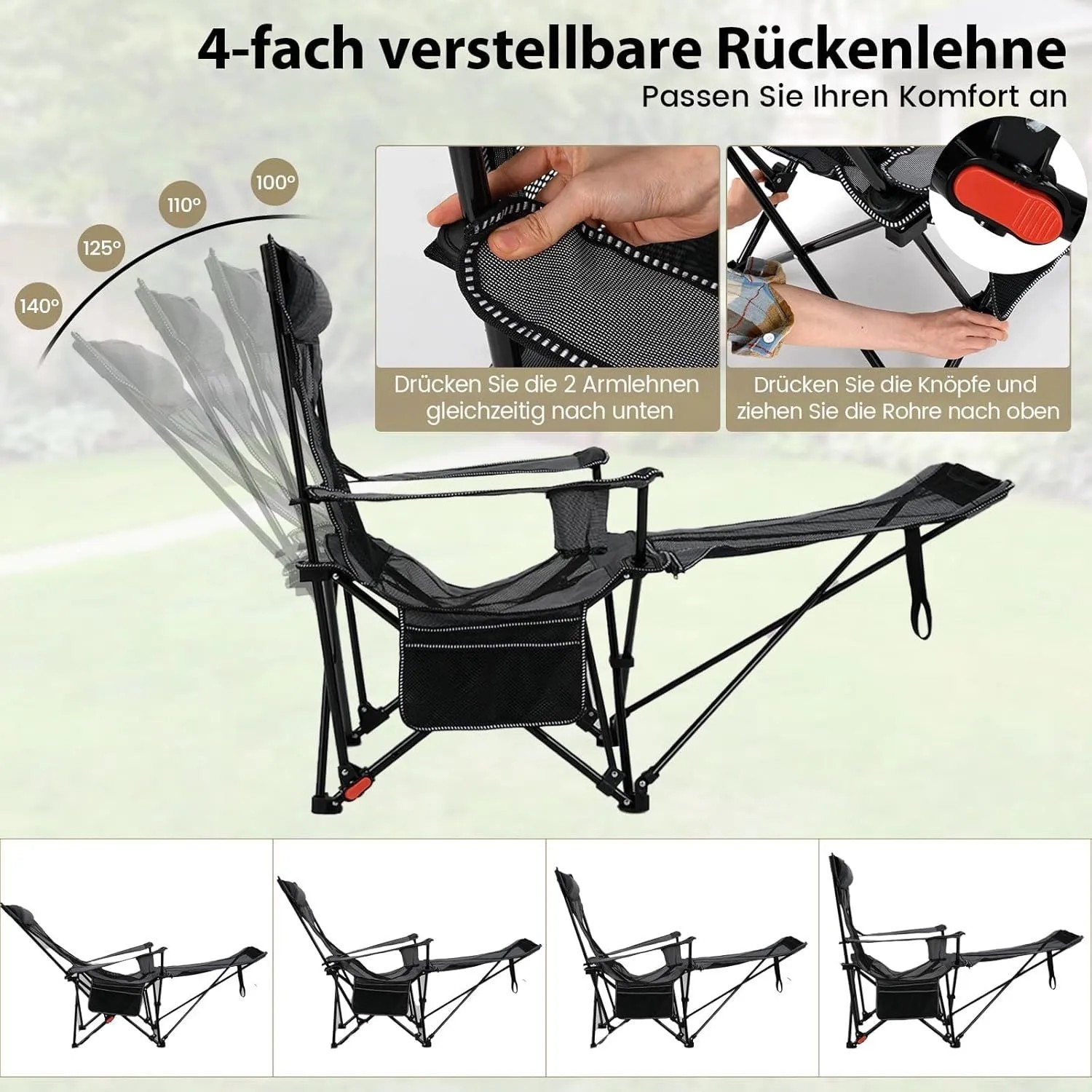 Costway Campingstuhl grau mit Fußablage, 4-fach verstellbare Rückenlehne für Camping & Angeln.