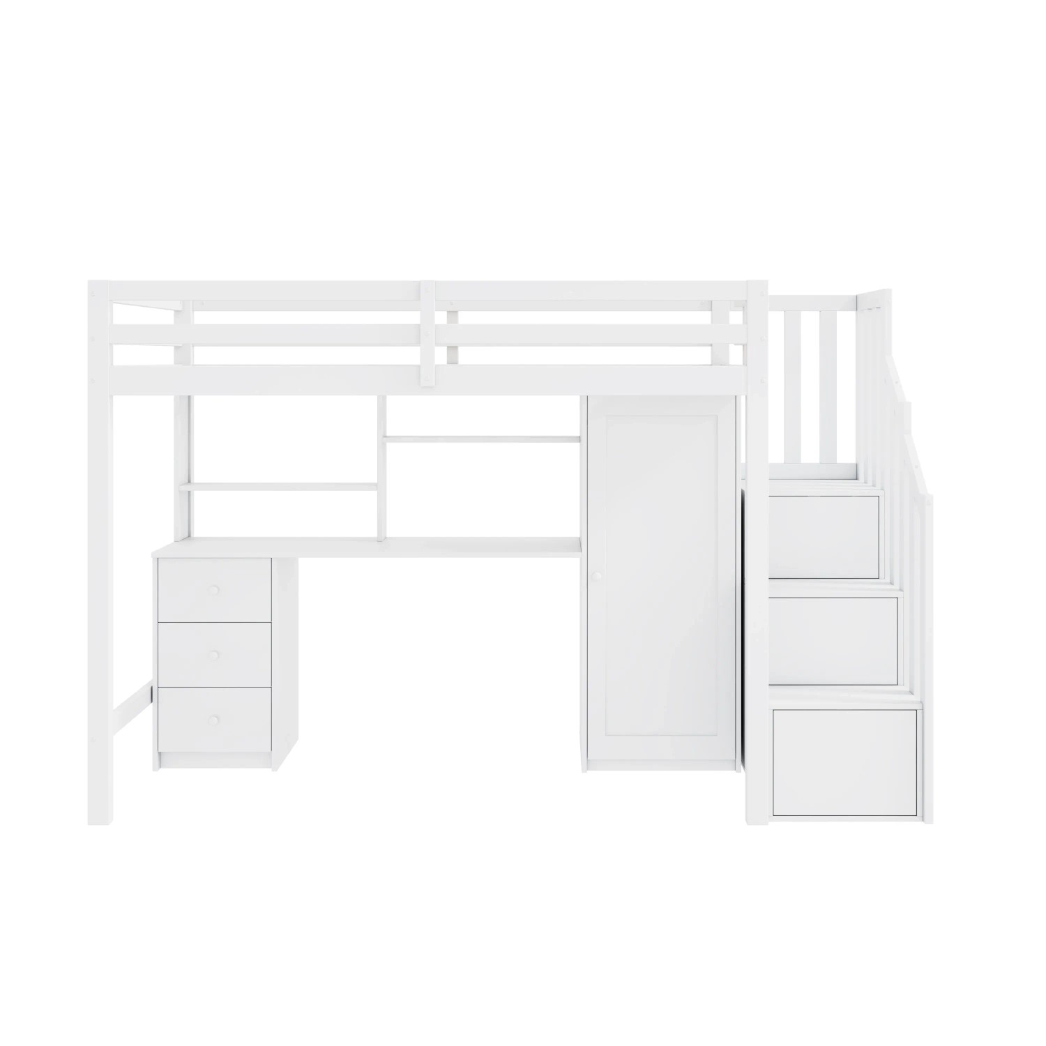 KOMHTOM Etagenbett 90x200Cm Mit Schreibtisch Kleiderschrank Schubladen Und Treppenschrank Multifunktionales Kinderbett Weiß Ohne Matratze