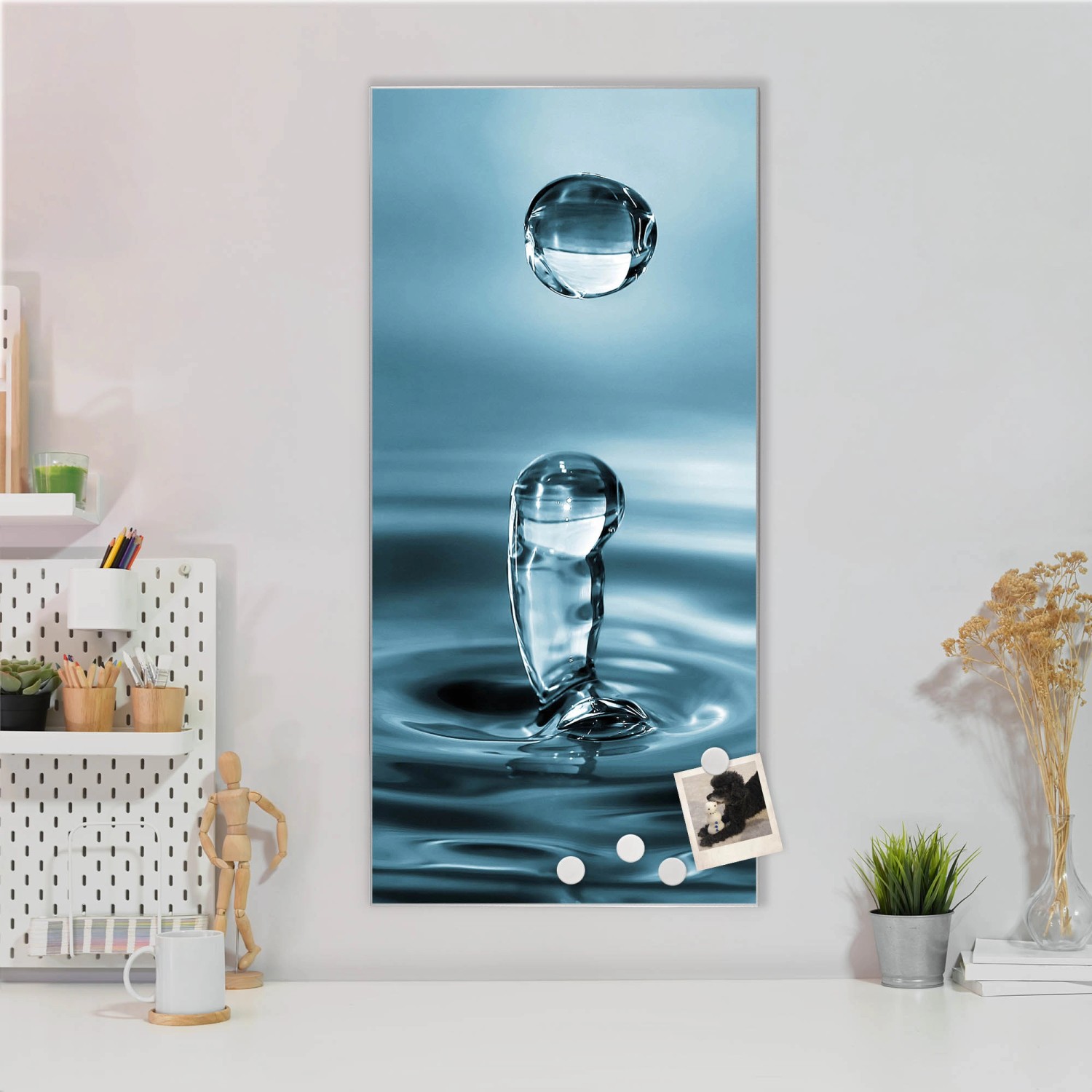 Banjado Magnettafel 37x78cm mit Wassertropfen-Motiv, silberne Magnetwand inkl. 4 Magnete.