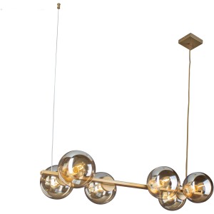 Eco-Light Pendelleuchte Pluto, 6-flammig, goldfarben mit champagnerfarbenen Glaskugeln.