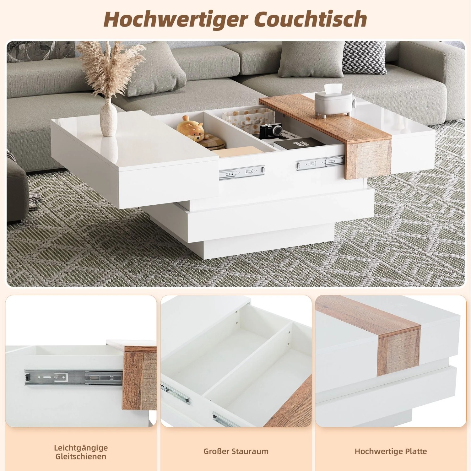 Merax Couchtisch Höhenverstellbar mit Stauraum Hochglanz Weiß_6