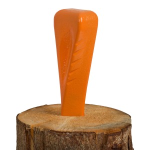 EBERTH Spaltkeil aus Stahl, orange, im Holzblock. Ideal für Kaminholz. Größe 4x6x19 cm.