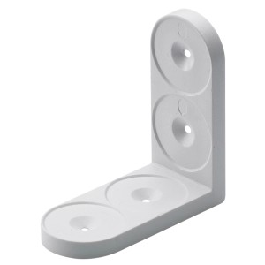 Weißer Hettich Kunststoffwinkel, ein Verbindungsbeschlag mit Bohrlöchern.