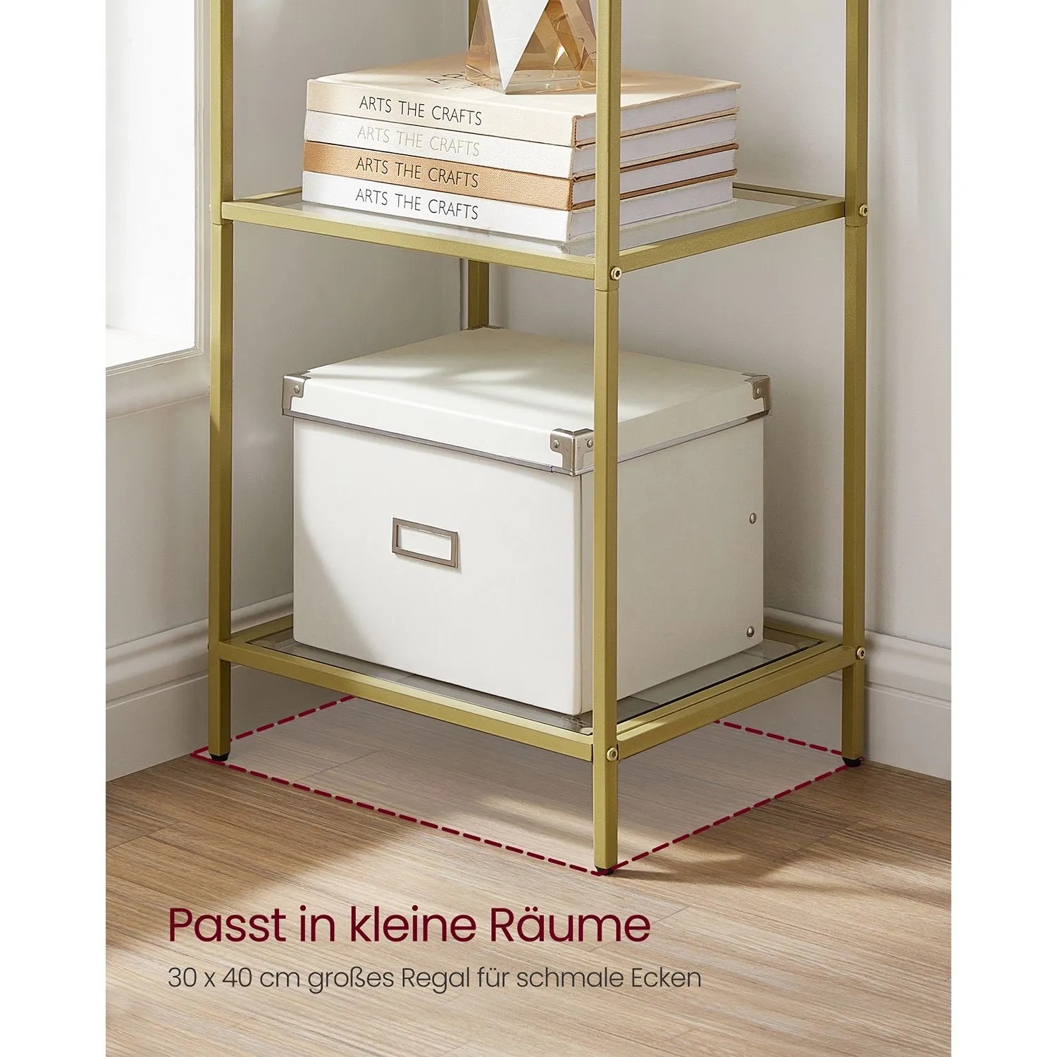 Vasagle Glasregal mit 6 Ablagen und goldenem Rahmen, ideal für Bücher und Dekoration.