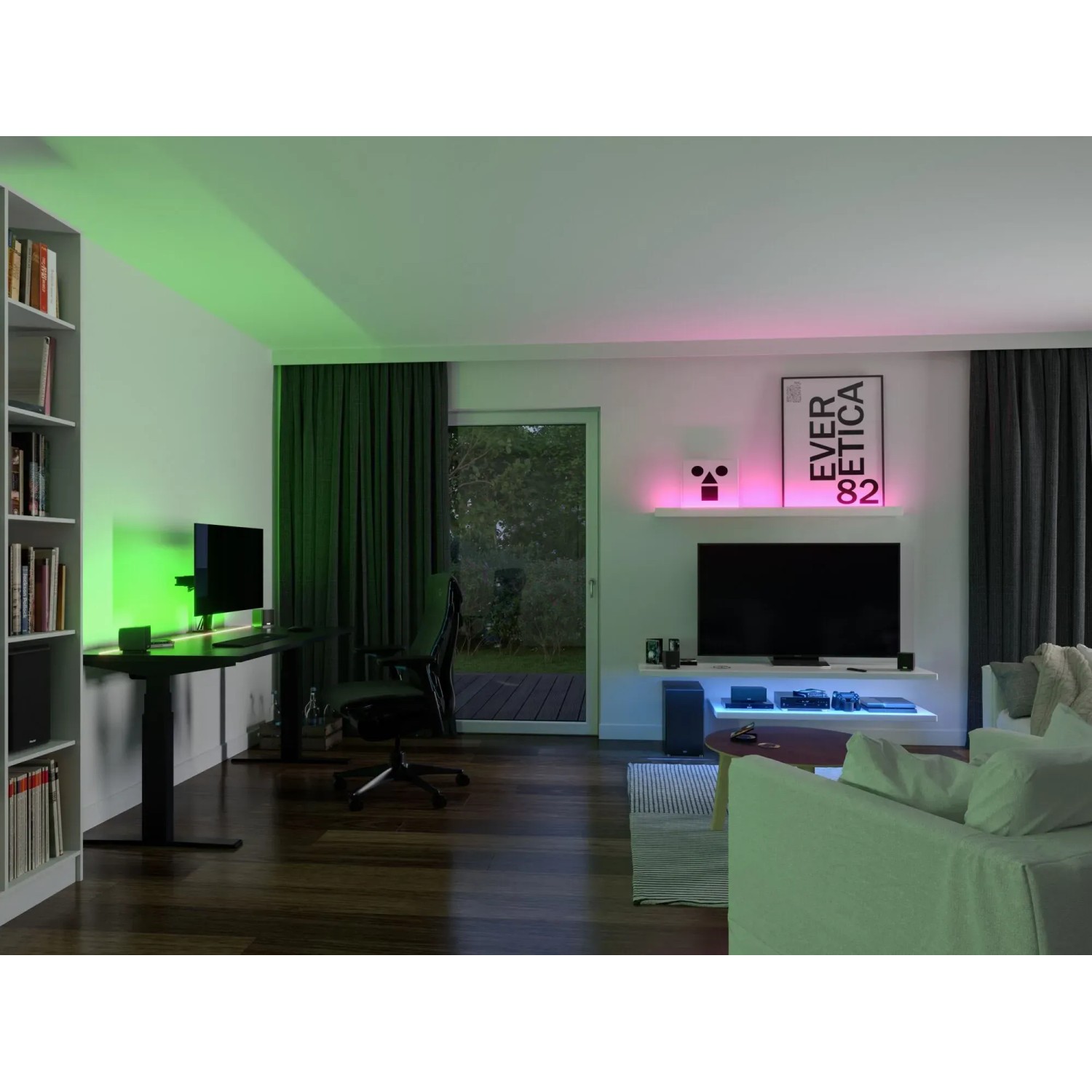 Wohnzimmer mit Paulmann SimpLED LED Strip COB, 1,5m, mehrfarbig, als Stimmungslicht.