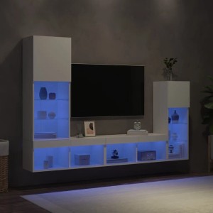 Weiße 4-tlg. Wohnwand aus Holzwerkstoff mit blauer LED-Beleuchtung, TV-Bereich & Stauraum.