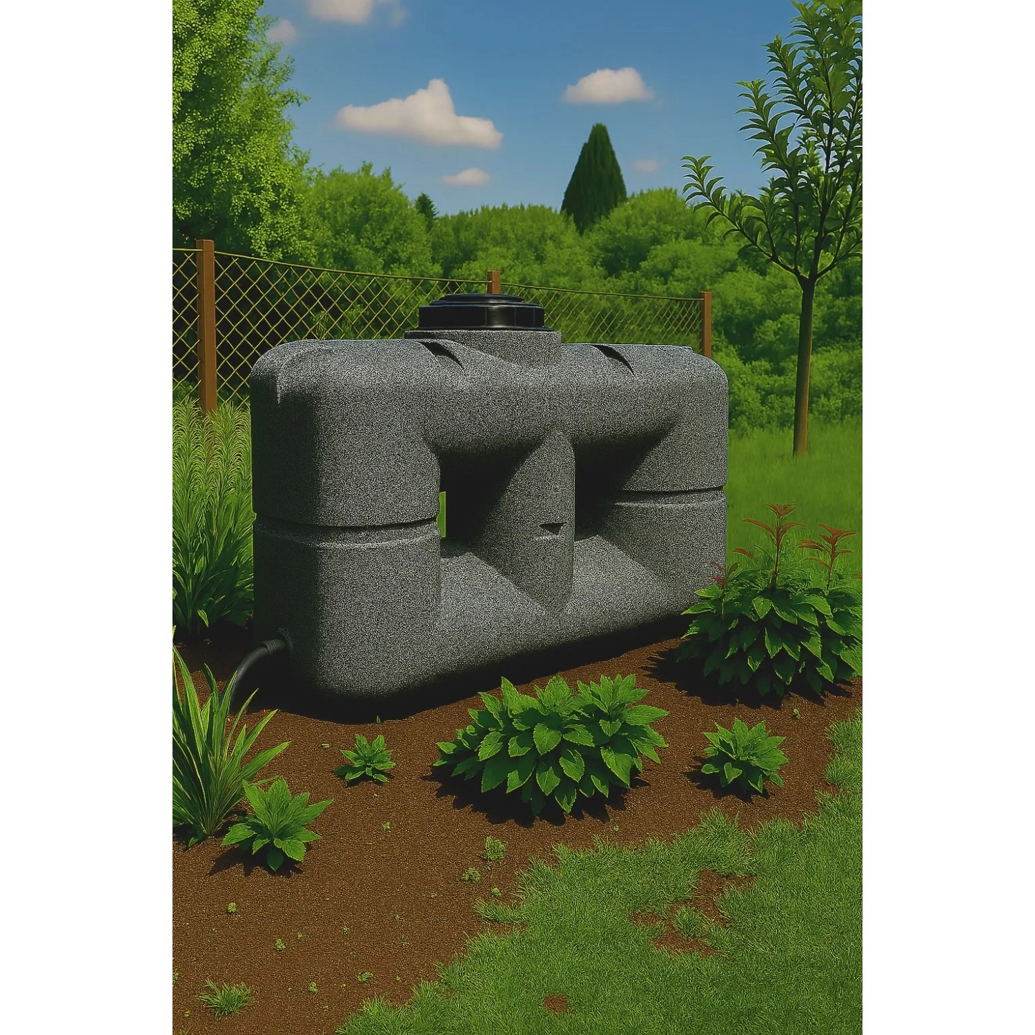 Marmorierter KMND 2000L Flach Wassertank aus PE im Garten. Ideal für Trinkwasser & Regenwasser.