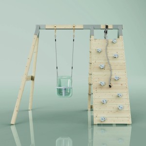 PolarPlay Klettergerüst Schneehase mintgrün mit Schaukel und Kletterwand.