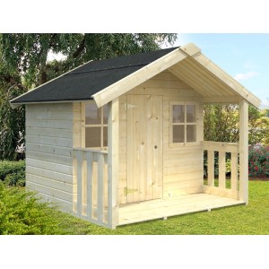 Palmako Spielhaus Felix mit Terrasse, zwei Fenstern und einer Tür aus unbehandeltem Fichtenholz.