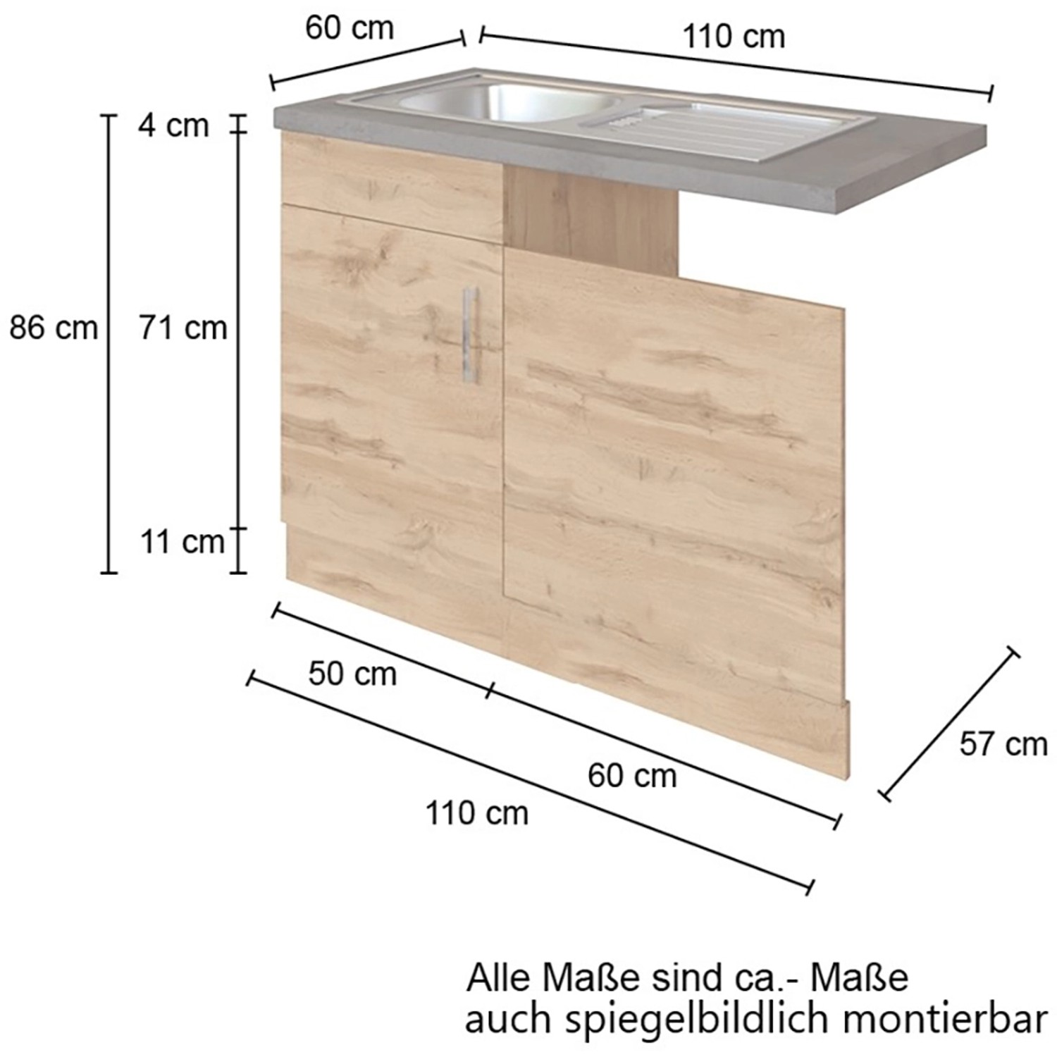 Held Möbel Spülzentrum Sorrento, 110x85x60 cm, Weiß-Eiche Dekor, Spülenunterschrank mit Tür und Blende.
