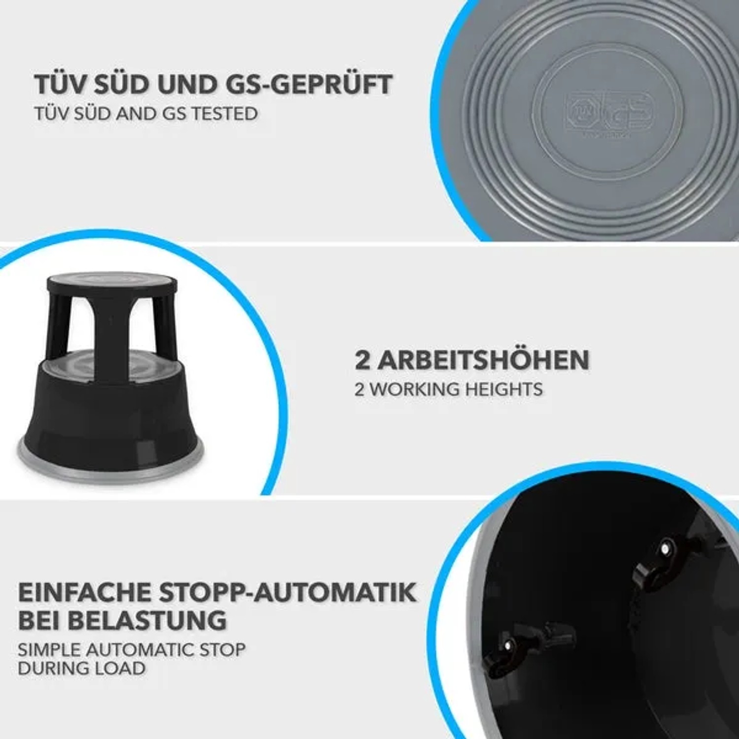 Schwarzer KARAT Rollhocker Elefantenfuß aus Stahl, TÜV-geprüft, für Büro und Gewerbe, bis 150 kg belastbar.