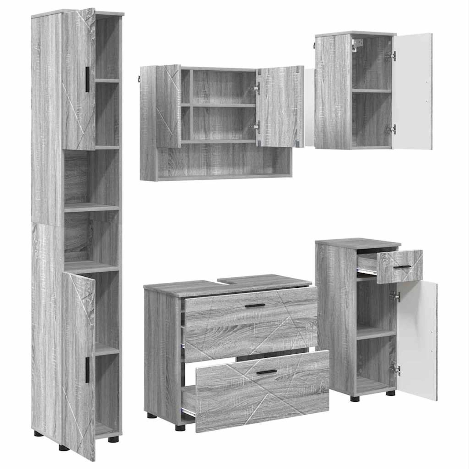 vidaXL Badezimmermöbel-Set 5-Tlg Grau Sonoma Sperrholz und Metall 3393079 günstig online kaufen