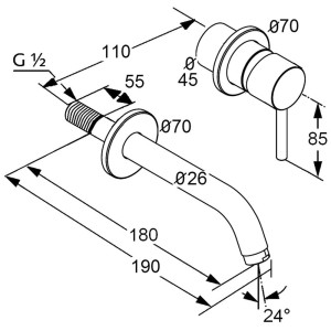 Technische Zeichnung: Kludi BOZZ Unterputz Waschtischarmatur, Chrom, Ausladung 18cm, Rosetten Ø 7cm.