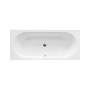 Weiße rechteckige Badewanne 160x75 cm mit verchromtem Ablauf, Aufsicht. Moderne Badewanne für Ihr Bad.