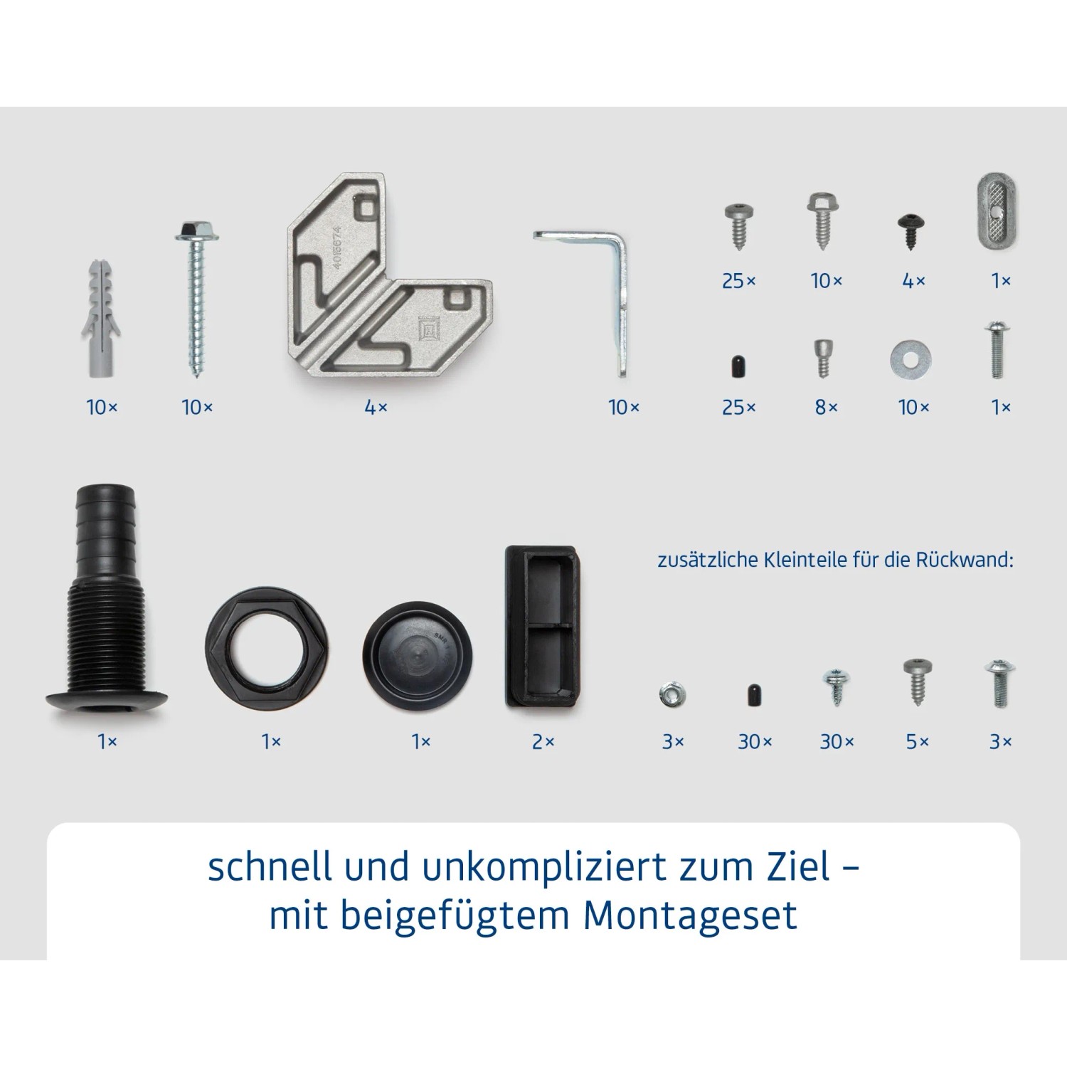 Montageset für EcoStar Kaminholzregal Trend-V Typ 1, bestehend aus Schrauben, Dübeln und Kleinteilen.
