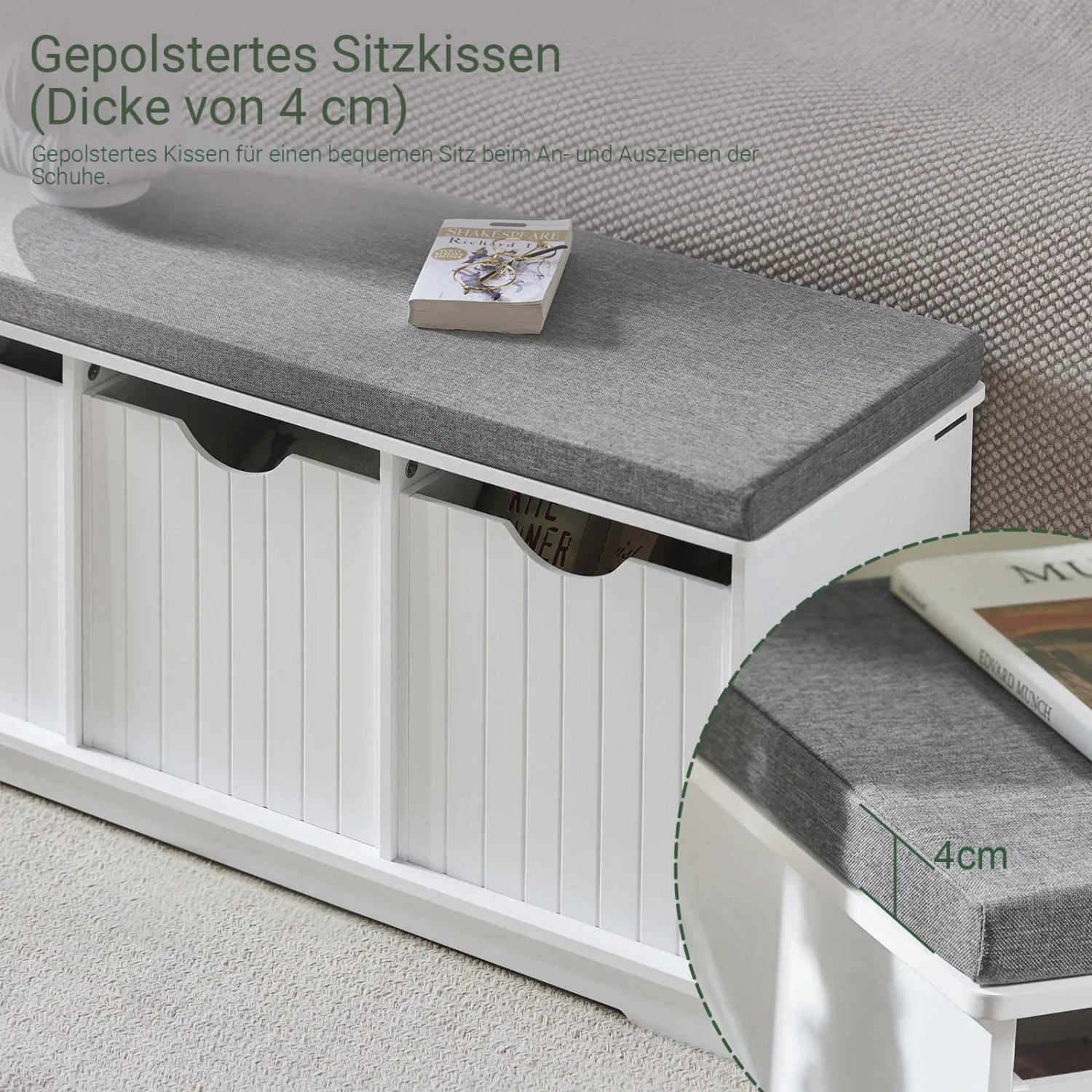 SoBuy Schuhbank mit Sitzfläche Sitzbank mit 3 Körben Schuhregal für Flur 100x46x36cm Weiß FSR30-W_8