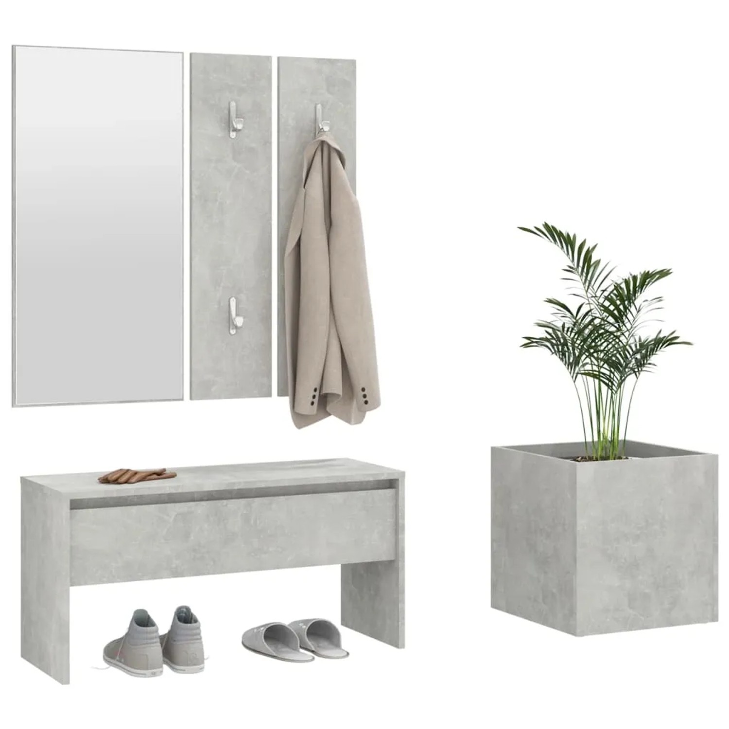 vidaXL Flurmöbel-Set Betongrau mit Bank, Spiegel, Garderobe und Pflanzgefäß.